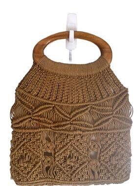 Handcrafted Boho Macramé Hand Bag with Wooden Handle
